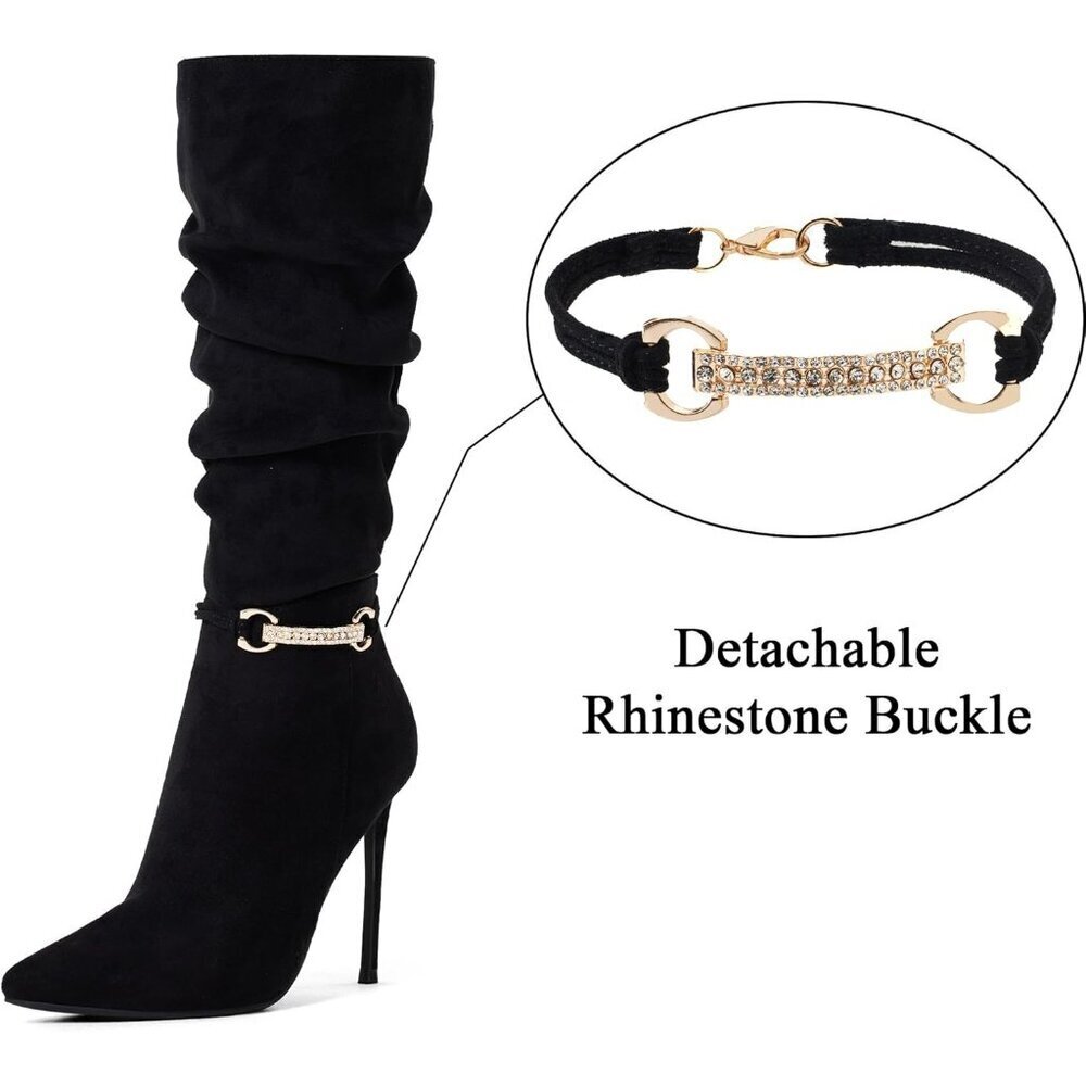 Women's Black Suede  Knee High Side Zipper  Pointed Toe Stylish Dress Boot - Picture 3 of 6